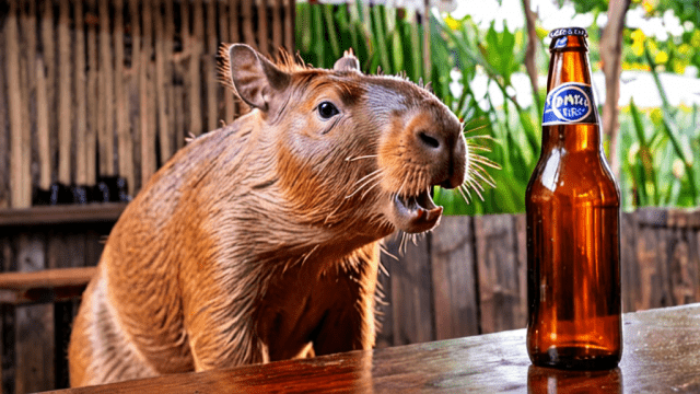 SDXL prompt: Capibara drinks beer from glass bottle i...-0