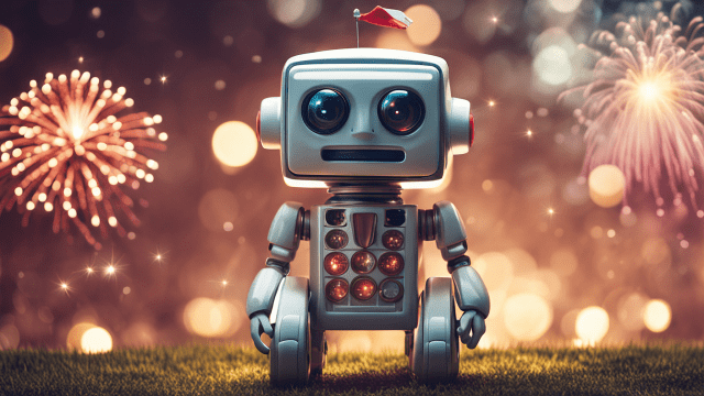 SDXL prompt: happy toy robot on student hat, firework...-1