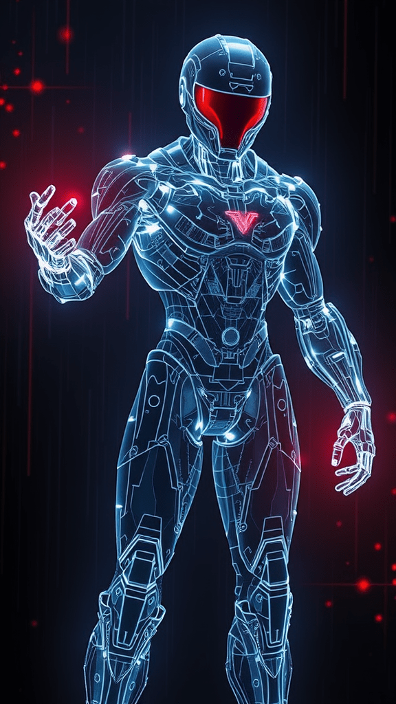 FLUX prompt: Solider holographic bio-tech wireframe style-0