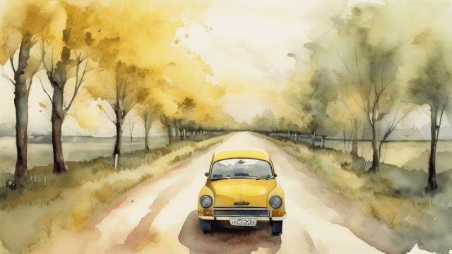 Road, yellow car, only fields and forests are visible-0