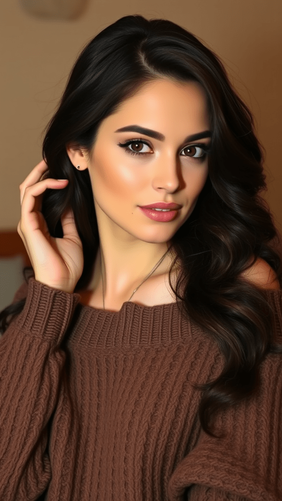 FLUX: A woman with wavy dark brown hair, wearing an off-