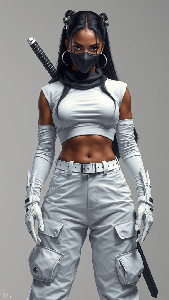 FLUX: A black female warrior in all-white modern ninja o-0