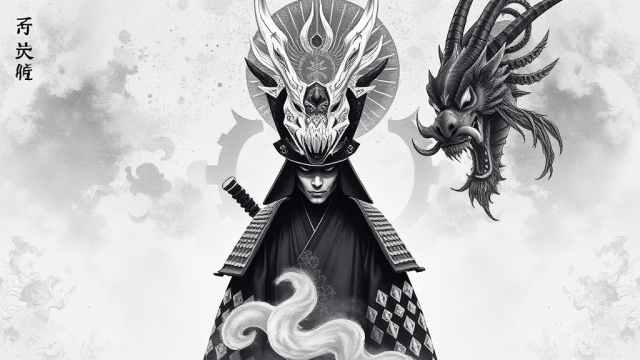 FLUX: japanese samurai in front of a dragon, in the styl-0