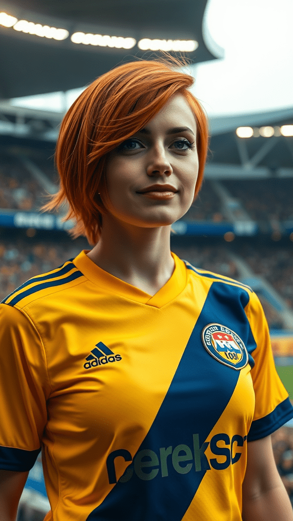 FLUX: a 25 years woman with short orange hair , in fener-0